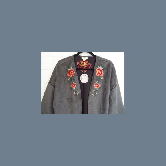 New UMGEE M gray embroidered roses open style sueded texture open tunic jacket - Picture 7 of 7